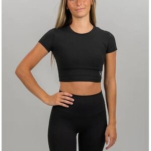 Bucked Up Women's Black Silver Logo Short Sleeve Cropped Fitted Tee Size M